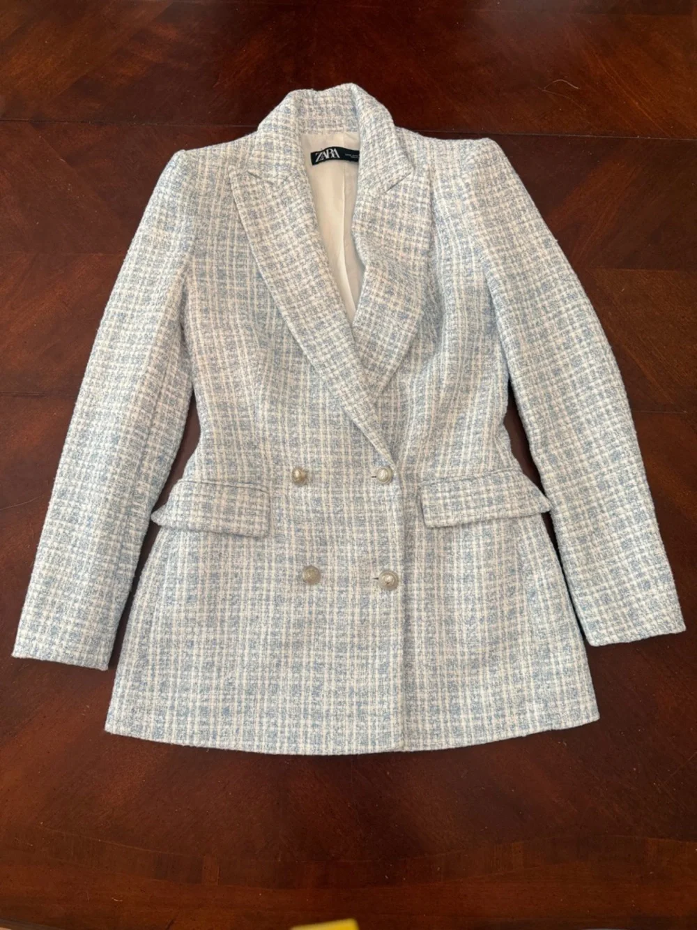 Zara Light Blue and Cream Tweed Double-Breasted Blazer